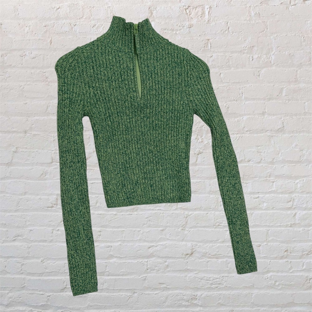 Aerie Green Marled Ribbed Quarter Zip Sweater Mock Neck Long Sleeve Crop XS‎